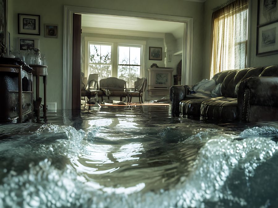 Flooded living room with water covering the floor and furniture, illustrating interior water damage in a home.