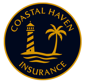 Coastal Haven Insurance Partners circular logo featuring a lighthouse, palm tree, and ocean waves in gold on a dark background.