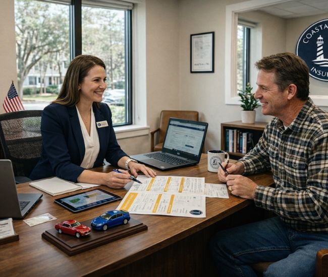 A smiling female insurance agent at Coastal Haven Insurance discusses policy documents with a male client in a modern office with natural light. On the desk are two laptops, a tablet, and a pamphlet. A detailed circular logo is overlaid in the upper right.