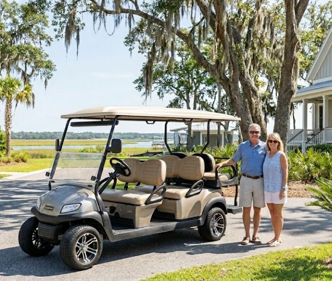 Golf cart parked in a Bluffton residential community, representing golf cart insurance coverage for liability and property protection.