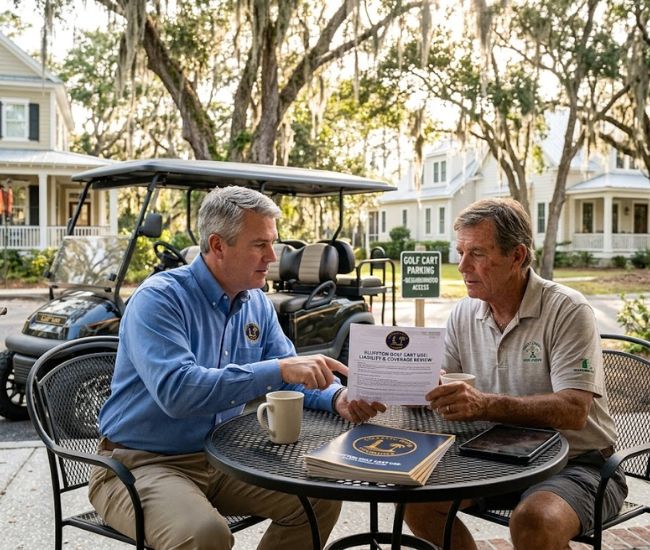 Bluffton insurance advisor meeting with a golf cart owner to review liability and coverage options for neighborhood use.