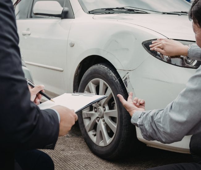 Two individuals inspecting damage to a white vehicle’s front fender and tire after an accident, documenting details for an auto insurance claim.