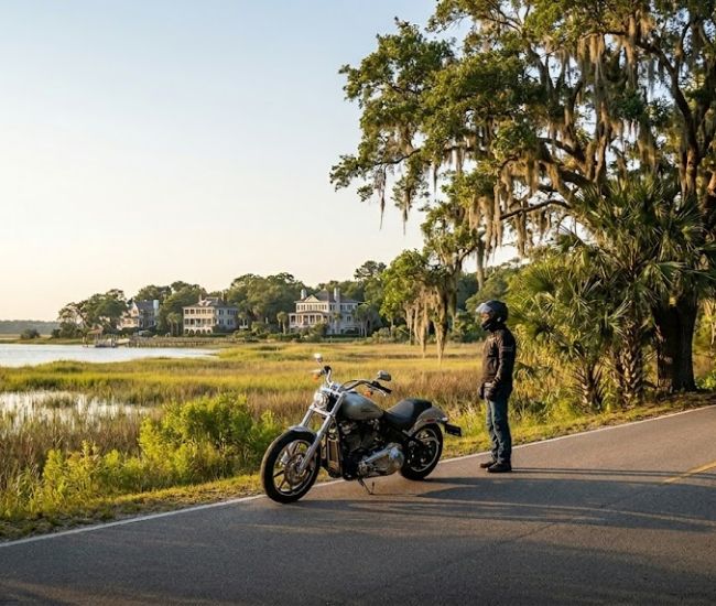 Motorcycle parked along a scenic coastal road in Bluffton, South Carolina representing motorcycle insurance coverage and rider protection.