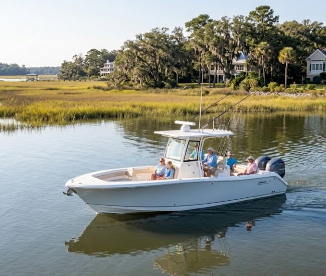 Recreational boat on tidal waters near Bluffton, South Carolina representing boat insurance coverage for liability and physical damage protection.