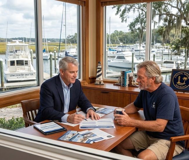 Bluffton insurance advisor meeting with a boat owner to review boaters insurance coverage and discuss liability and vessel protection options.