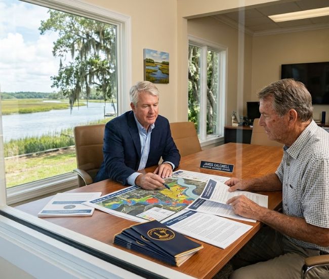Bluffton insurance advisor meeting with a homeowner to review flood insurance coverage and discuss flood risk near coastal waterways.