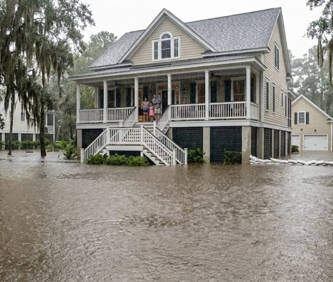 Residential home in Bluffton surrounded by rising floodwater after heavy rain, representing flood insurance coverage and property protection.