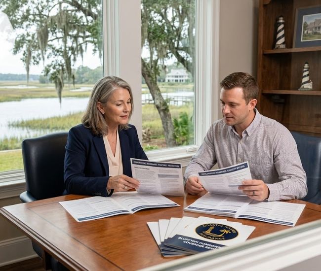 Bluffton insurance advisor reviewing homeowners insurance coverage with a client, discussing property protection and liability options.