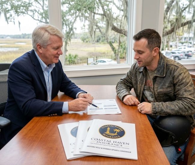 Insurance advisor in Bluffton reviewing motorcycle insurance coverage with a rider, discussing liability and bike protection options.
