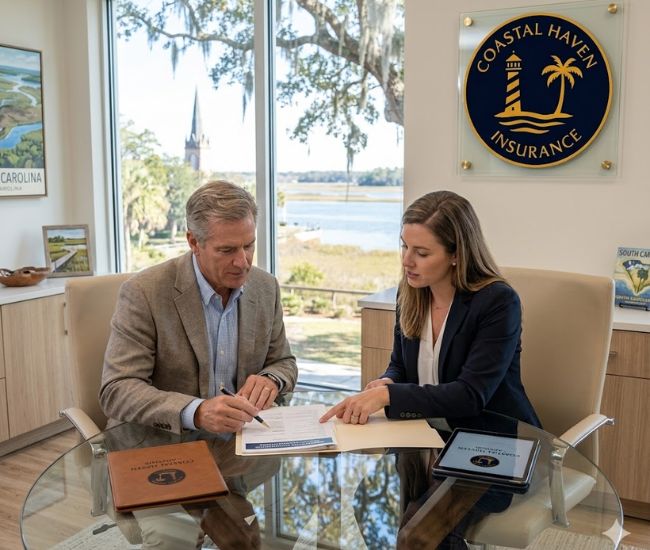 Property owner meeting with a Coastal Haven Insurance advisor in Bluffton to review property insurance coverage for a rental or investment home.