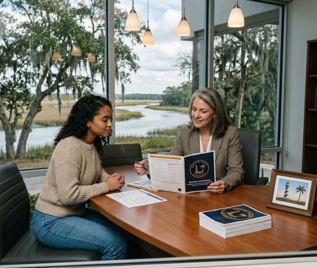 Bluffton insurance advisor meeting with a renter to review renters insurance coverage for personal belongings and liability protection.