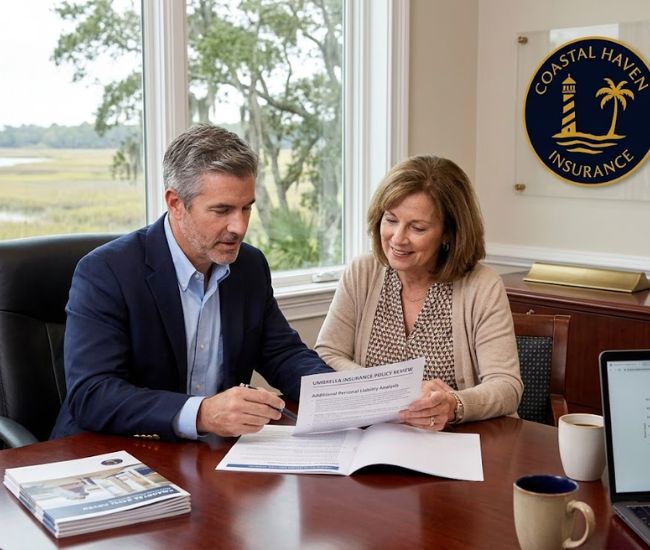 Bluffton insurance advisor meeting with a client to review umbrella insurance coverage and discuss additional personal liability protection.
