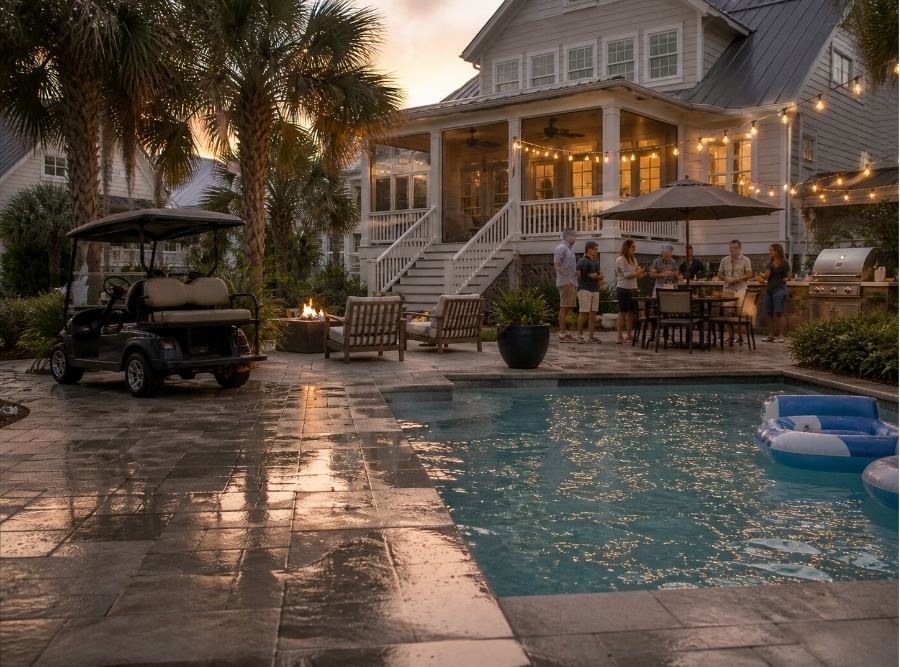 Bluffton, South Carolina residential scene showing a well-kept Lowcountry home with a backyard gathering setup, including a pool, patio, and outdoor seating area. Subtle visual storytelling of liability risk, such as a wet pool deck, a golf cart nearby, and guests in the background (no faces clearly visible)