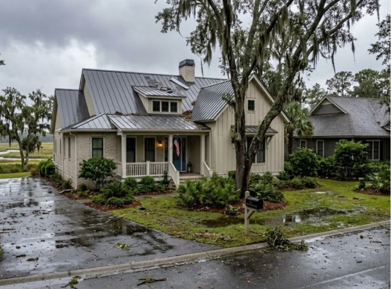 a suburban home in Bluffton, South Carolina after a coastal storm, featuring a modern Lowcountry-style house with a metal or shingle roof, visible minor roof damage, wet driveway, and overcast skies.