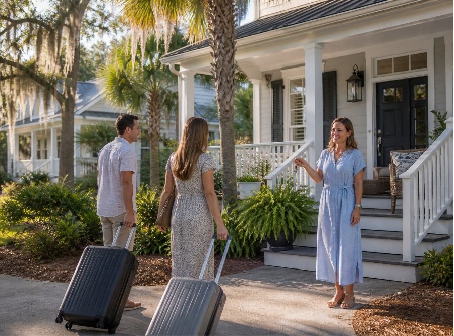 Bluffton, South Carolina home styled for a short-term rental, with a welcoming front porch, coastal design elements, and luggage or guests arriving. The homeowner is seen greeting guests while holding keys, with subtle visual tension suggesting responsibility and risk. Surroundings include palm trees, Spanish moss, and a well-kept Lowcountry neighborhood.