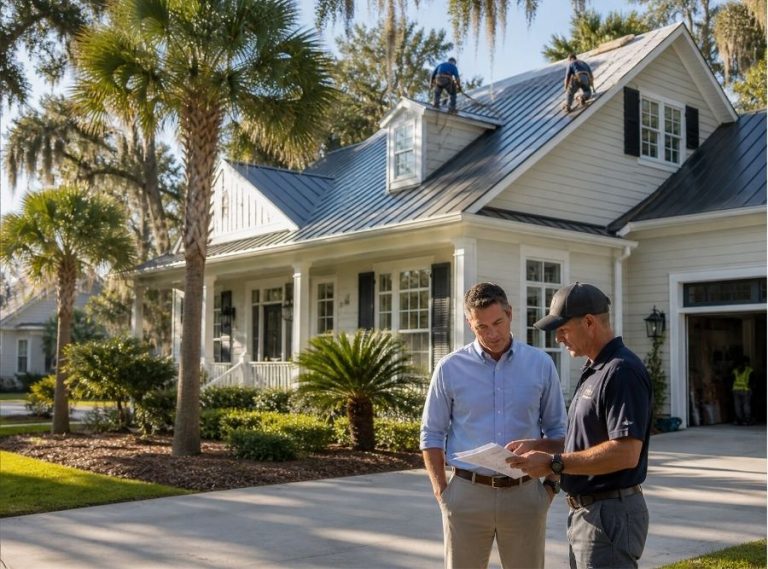 a Bluffton, South Carolina neighborhood showing a coastal-style home with a brand-new roof under warm Lowcountry sunlight. A roofing crew is finishing installation while the homeowner stands nearby reviewing paperwork or speaking with a contractor. Surroundings include palm trees, Spanish moss, and well-kept landscaping typical of communities like Buckwalter or Hampton Lake.