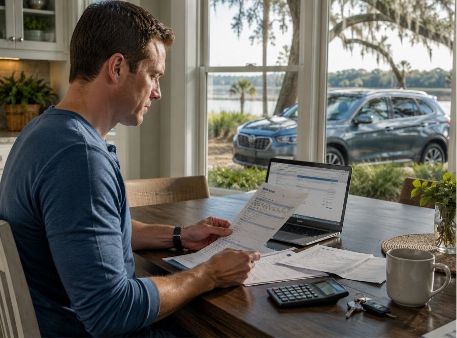 Bluffton South Carolina driver reviewing car insurance costs at a kitchen table in a bright Lowcountry home, laptop open with auto insurance quote documents, car keys and calculator nearby, modern SUV visible through window or driveway, subtle coastal marsh and live oak scenery outside, warm natural morning light, professional trustworthy financial planning mood