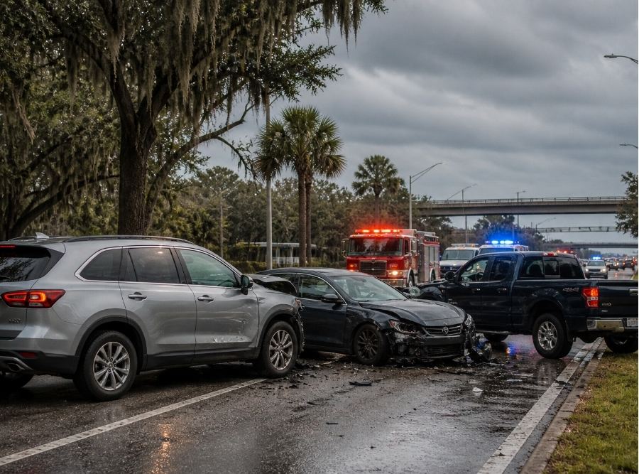 driving scene in Bluffton, South Carolina showing a multi-vehicle accident on a road resembling US-278 near the Hilton Head bridge. Include a newer SUV, a pickup truck, and a sedan with visible front-end damage and emergency response lights in the background. Surroundings feature moss-draped oak trees, palm trees, and Lowcountry roadside elements.