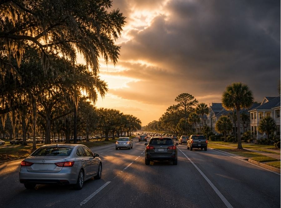 coastal South Carolina suburban scene in Bluffton, SC during late afternoon golden hour. A modern sedan and SUV driving along a busy multi-lane road resembling US-278 with light traffic congestion. Surroundings include Lowcountry elements such as moss-draped oak trees, palm trees, and nearby residential communities.