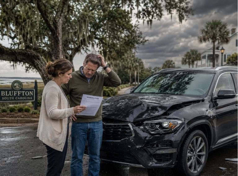 South Carolina scene in Bluffton featuring a concerned couple standing beside a damaged SUV after a minor car accident near a marsh-lined road off US-278. Include Lowcountry scenery with Spanish moss, live oak trees, humid storm clouds, and subtle coastal luxury neighborhood details. One person is holding insurance paperwork while another looks stressed and confused.