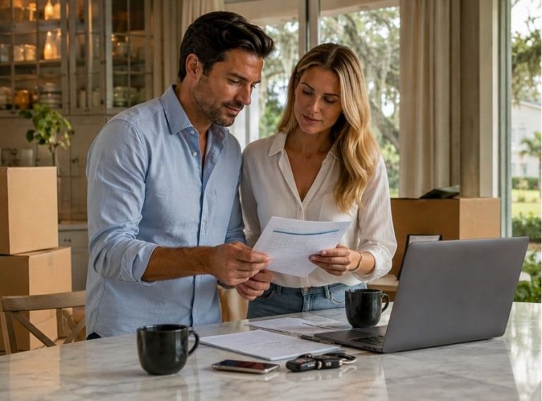 couple who recently relocated to Bluffton, South Carolina reviewing auto insurance documents inside a beautiful Lowcountry home