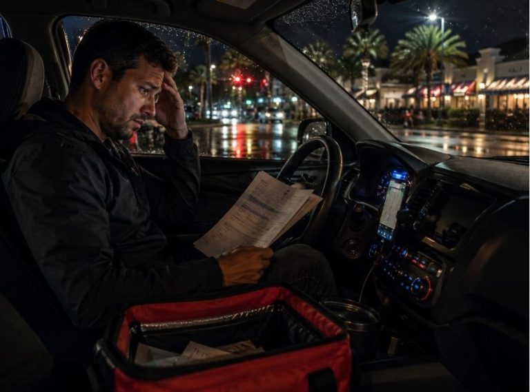 delivery driver parked outside a Bluffton restaurant district at night, modern SUV or sedan interior softly illuminated by food delivery apps on dashboard phone mount, driver looking thoughtful and financially stressed while reviewing insurance paperwork, coastal rain reflecting on roads outside, subtle Hilton Head and Bluffton atmosphere