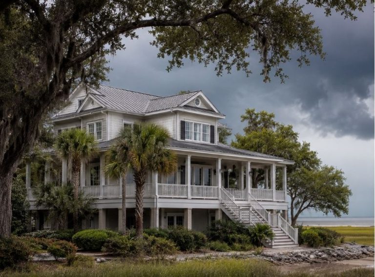 Hilton Head Island coastal home near marsh and oceanfront environment, upscale Lowcountry architecture with elevated foundation, mature live oaks, palm trees, and humid storm-season sky, subtle visual contrast of coastal beauty and insurance complexity