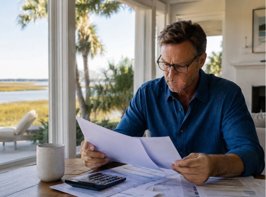 Hilton Head Island homeowner reviewing a homeowners insurance renewal at a kitchen table inside an upscale coastal home, calculator and policy documents visible, soft natural Lowcountry sunlight through large windows, marsh grass and palm trees outside, subtle coastal luxury setting