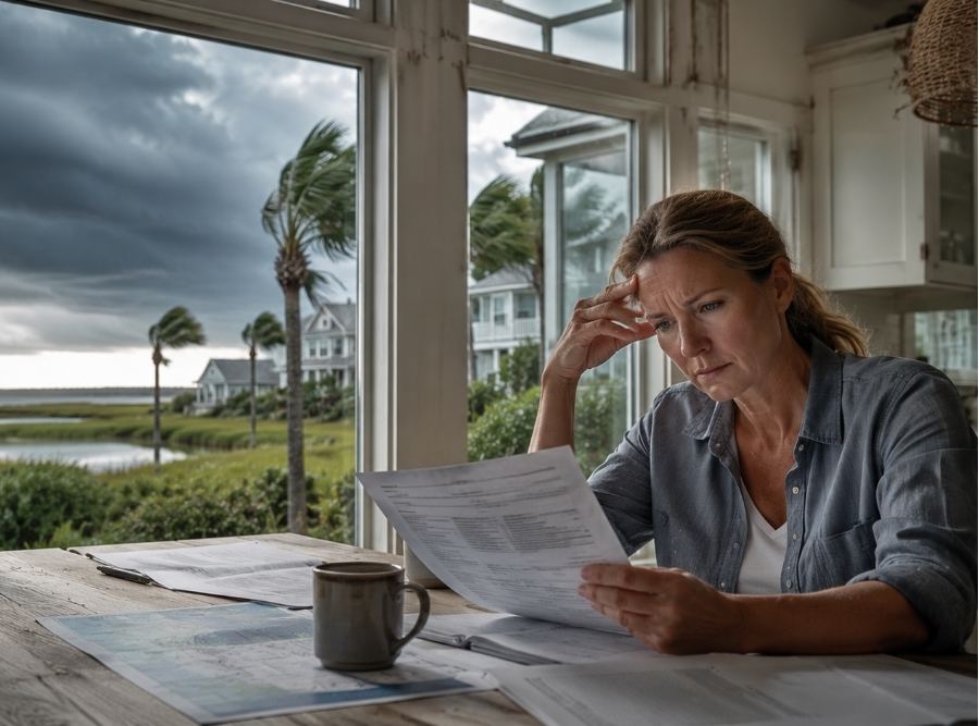 Hilton Head Island coastal neighborhood preparing for hurricane season, upscale Lowcountry home with dark storm clouds approaching over marshland, homeowner reviewing homeowners insurance policy with visible concern at kitchen table