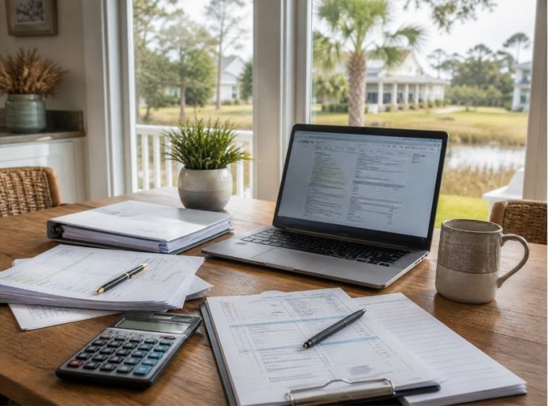 South Carolina homeowner tax-season scene showing a kitchen table with homeowners insurance documents, a laptop displaying tax forms, a calculator, and a coffee mug beside a window overlooking a Lowcountry-style neighborhood.