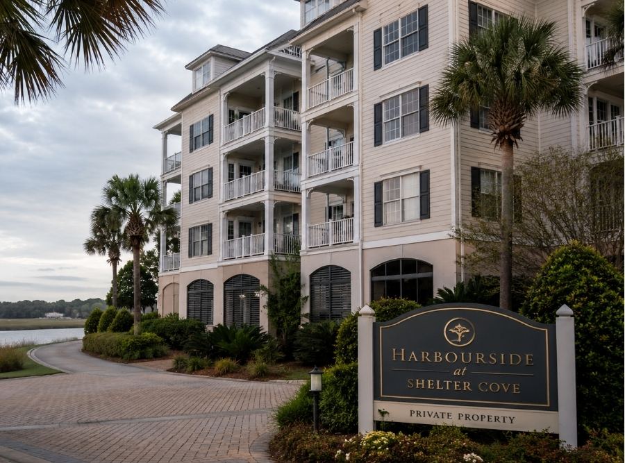 Luxury Hilton Head Island condo exterior near the coast during calm overcast weather