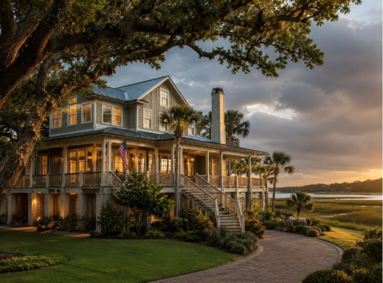 Luxury second home in Hilton Head Island South Carolina near Sea Pines or Palmetto Dunes, elegant coastal vacation house with Lowcountry architecture, mature live oak trees, marsh views, soft coastal sunset lighting, upscale beach house exterior with metal roof and elevated foundation