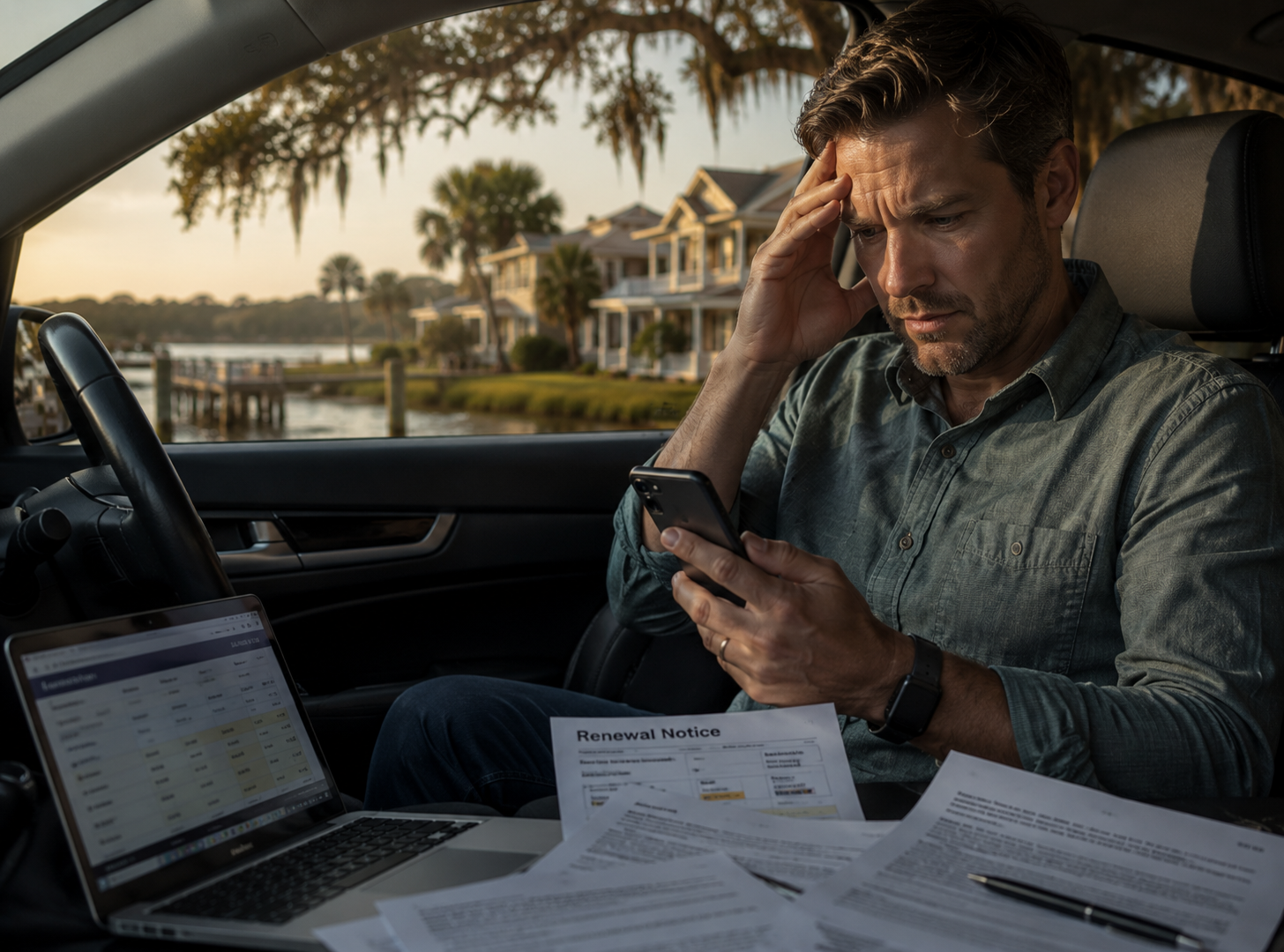 a modern driver sitting inside or beside a vehicle reviewing expensive insurance paperwork or viewing rising insurance rates on a phone. The environment should subtly reflect Lowcountry life with marsh grass, coastal roads, moss-draped oak trees, palm trees, or upscale suburban Bluffton/Hilton Head neighborhoods nearby