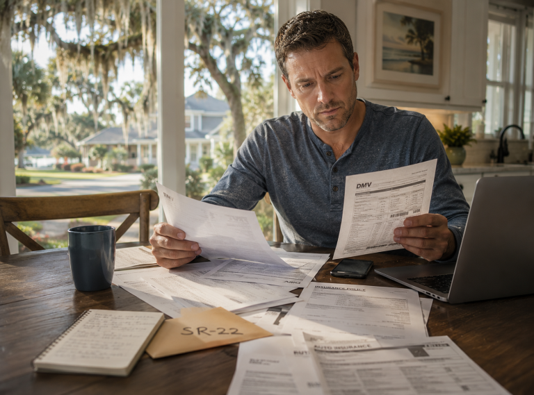 a South Carolina driver sitting in at a kitchen table reviewing DMV paperwork, an auto insurance policy, and a phone or laptop with a serious but calm expression