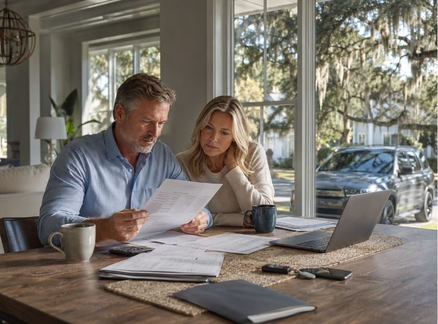 a middle-aged couple reviewing rising auto insurance bills at a large kitchen table