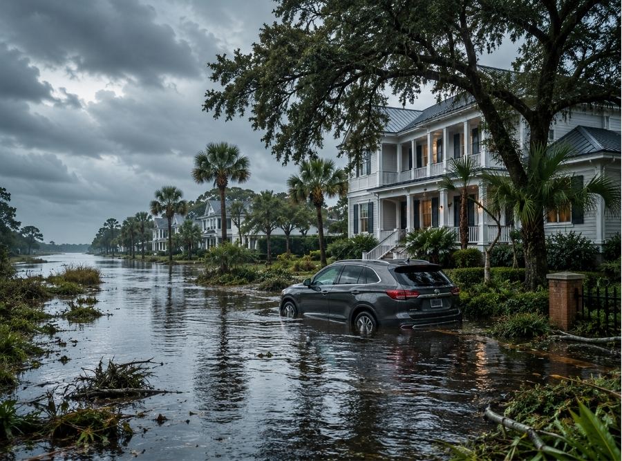 Bluffton South Carolina hurricane aftermath scene, flooded upscale Lowcountry neighborhood near marshland and May River environment, modern SUV partially submerged in standing stormwater outside coastal Bluffton home with palm trees and live oaks, dramatic post-hurricane sky with heavy clouds and soft rain, subtle storm debris and fallen branches, reflective floodwater on driveway and street, realistic saltwater flooding atmosphere near Hilton Head corridor, emotionally powerful but professional insurance-focused mood, photorealistic editorial photography style, high-end magazine realism, extremely detailed water textures and coastal architecture