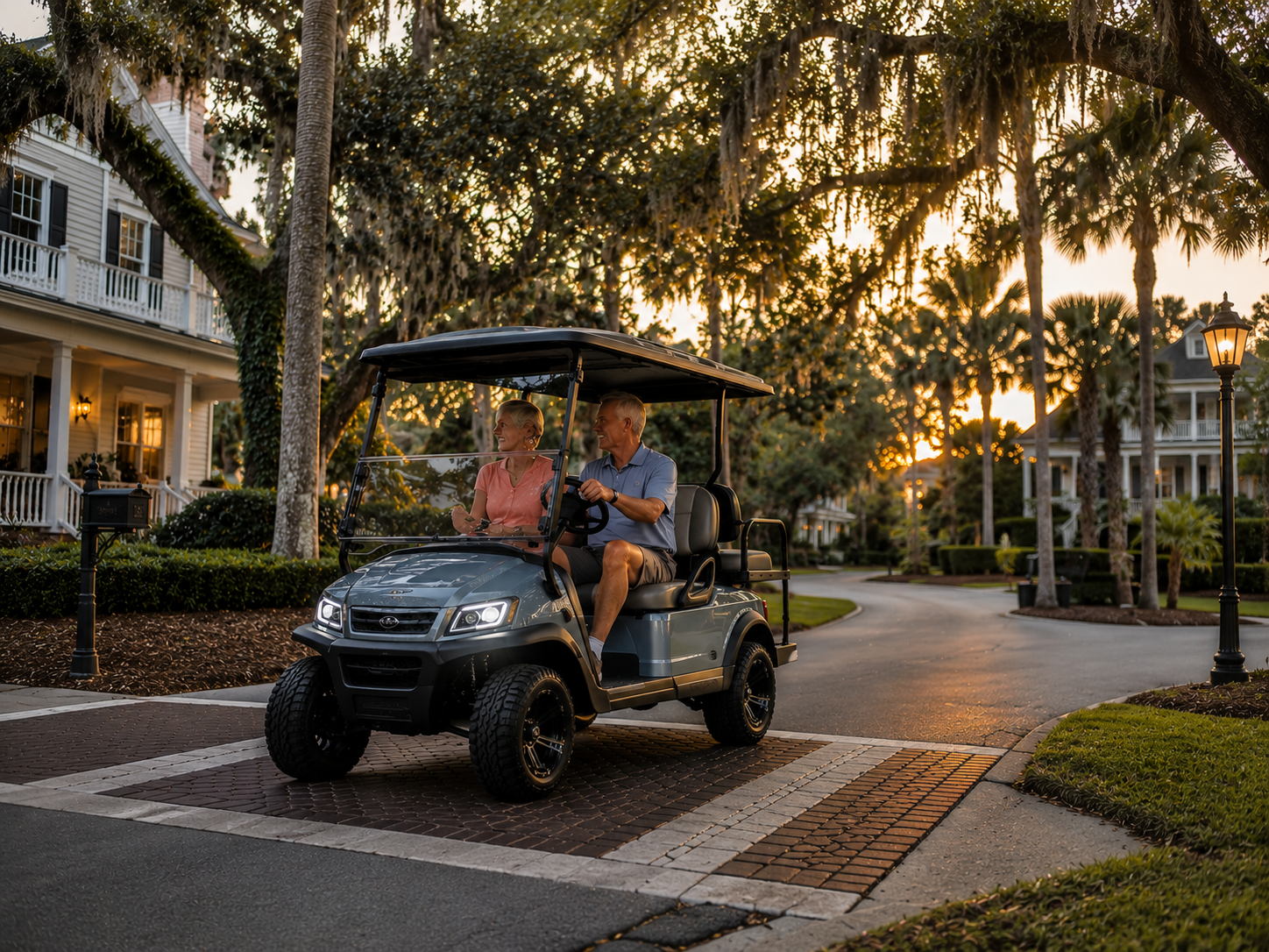 Bluffton or Hilton Head Island neighborhood with a modern golf cart parked or driving through a beautiful Lowcountry community