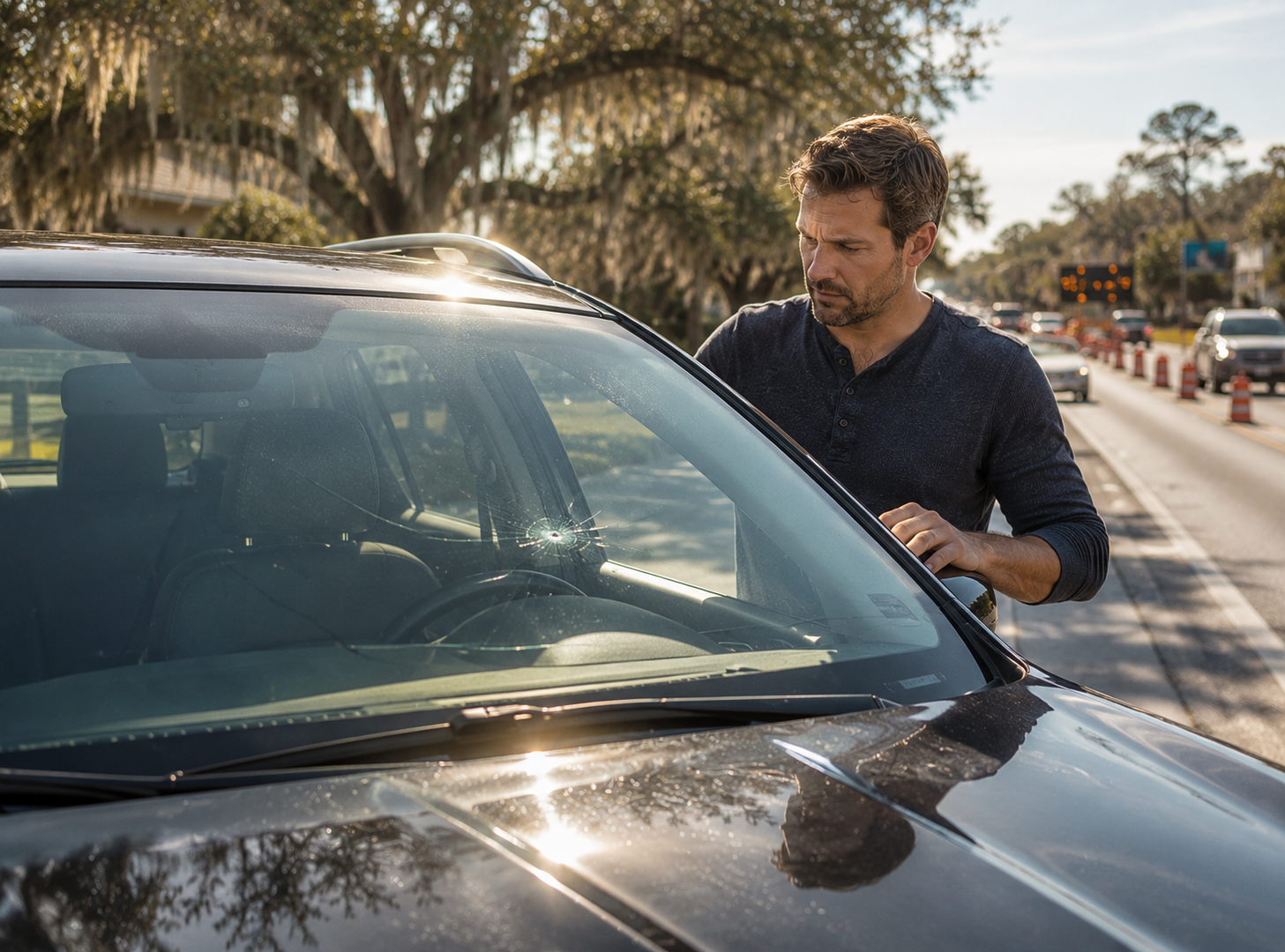 a modern vehicle parked in a South Carolina Lowcountry setting with a visible windshield crack or rock chip catching sunlight realistically