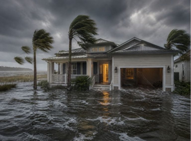 oastal South Carolina storm surge scene in Bluffton, SC, showing a residential neighborhood near marshland with rising floodwaters entering a modern Lowcountry-style home.