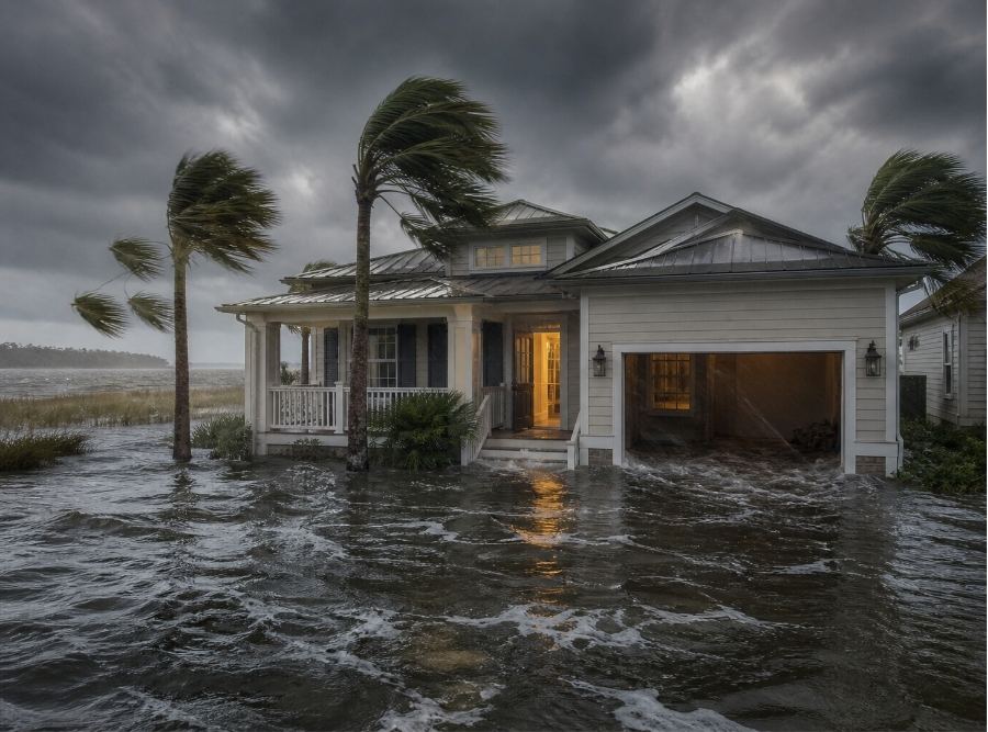 oastal South Carolina storm surge scene in Bluffton, SC, showing a residential neighborhood near marshland with rising floodwaters entering a modern Lowcountry-style home.