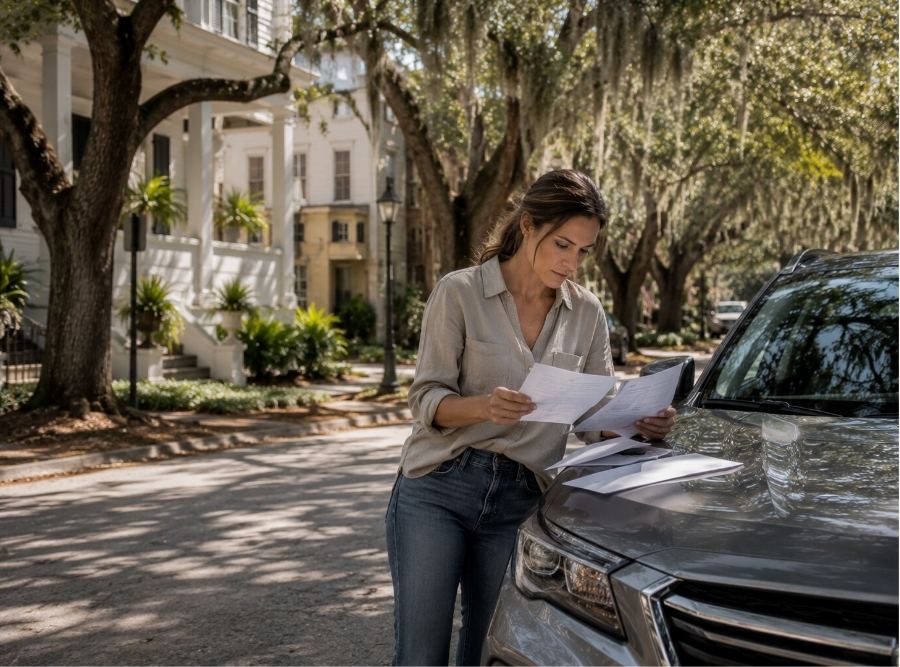 South Carolina driver reviewing auto insurance documents beside an SUV in historic Beaufort.