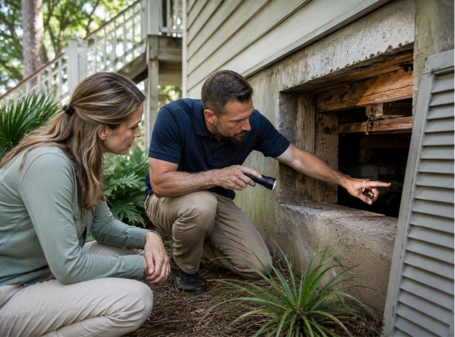 Beaufort homeowner and termite inspector examining crawlspace beneath a raised Lowcountry home.