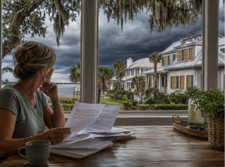 Beaufort homeowner reviews insurance documents as storm clouds approach a coastal Lowcountry neighborhood prepared for hurricane season.