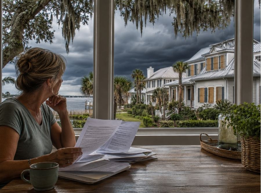 Beaufort homeowner reviews insurance documents as storm clouds approach a coastal Lowcountry neighborhood prepared for hurricane season.