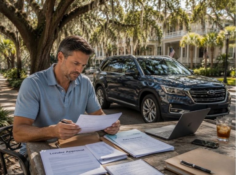 Beaufort SUV owner reviewing auto insurance and vehicle financing documents in a Lowcountry neighborhood.
