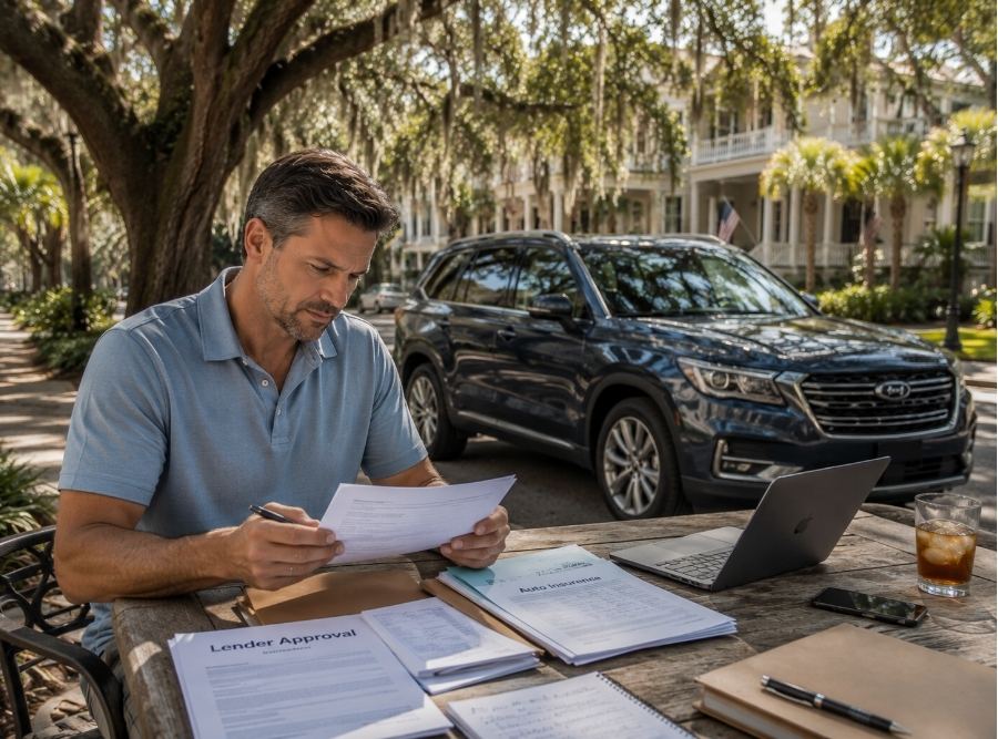 Beaufort SUV owner reviewing auto insurance and vehicle financing documents in a Lowcountry neighborhood.