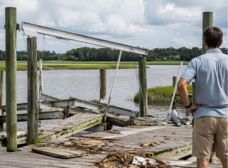Beaufort waterfront dock and boat lift storm damage along a Lowcountry tidal creek.