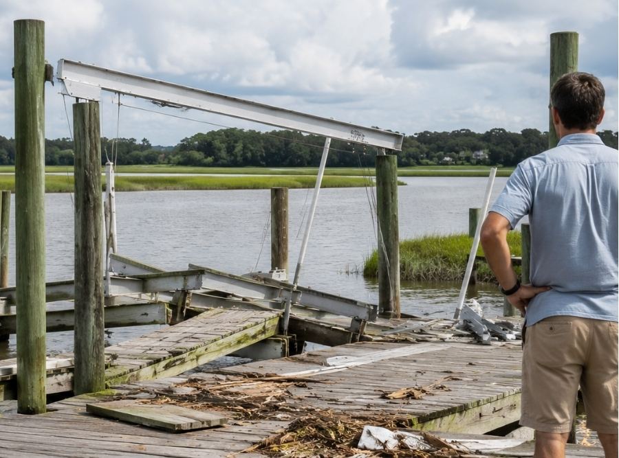 Beaufort waterfront dock and boat lift storm damage along a Lowcountry tidal creek.
