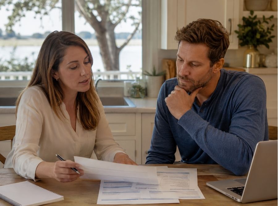 South Carolina driver reviews auto insurance renewal paperwork with an advisor at a kitchen table, discussing premium increases and coverage options in a bright Lowcountry home.