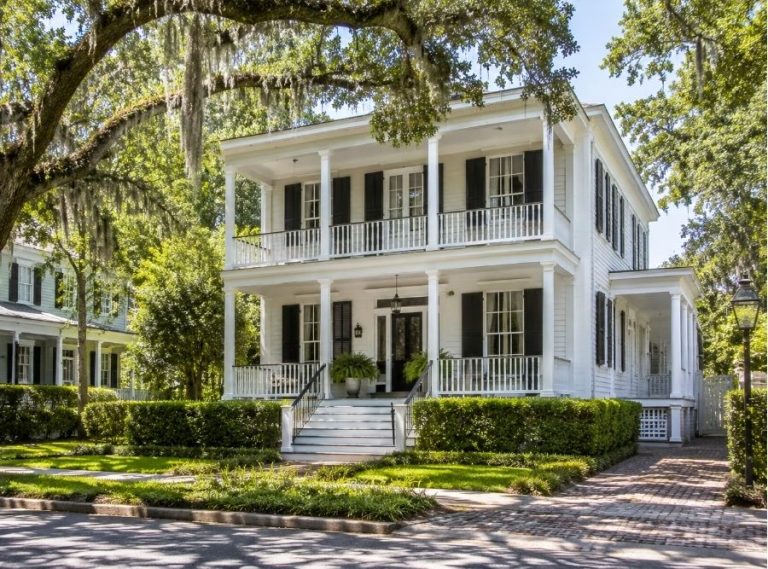 Historic Beaufort, SC Lowcountry home with antebellum architecture, wide front porches, and live oak trees draped in Spanish moss.